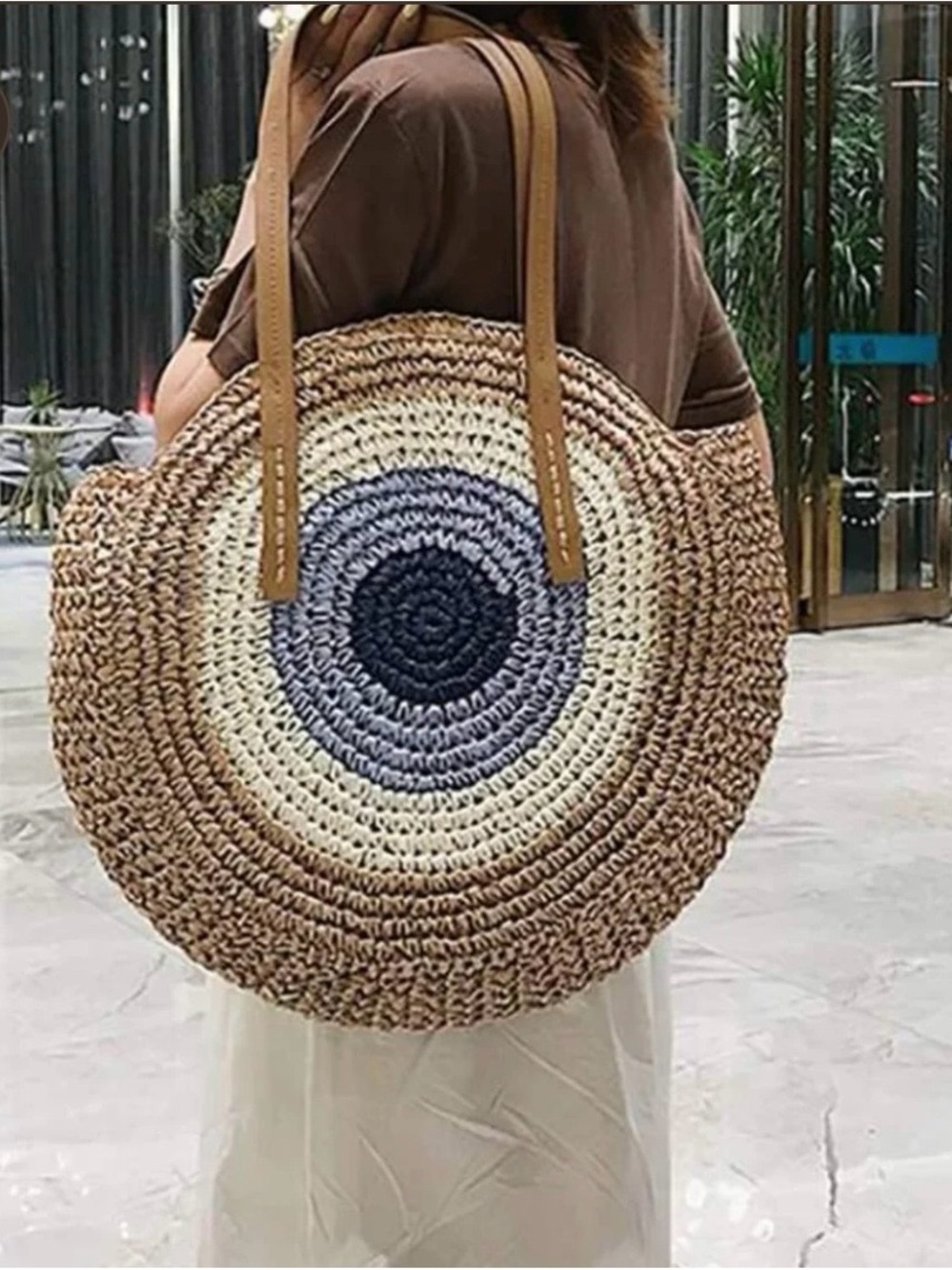 BOHO Beach Bag Woven Round Straw Tote Bag with Blue Accent NEW NEVER USED